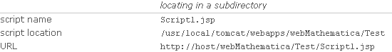   locating in a subdirectory; script name Script1.jsp; script location /usr/local/tomcat/webapps/webMathematica/Test; URL http://host/webMathematica/Test/Script1.jsp